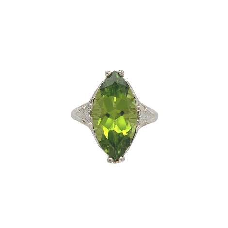 18K White Gold Art Deco Filigree Ring with 5 carat Peridot  Size 6.25   j6553